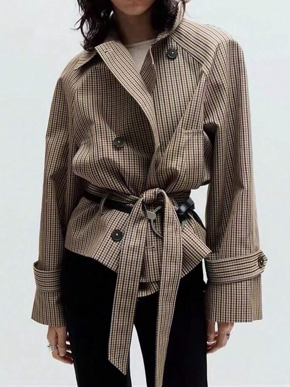 Women's Casual Plaid Short Trench Coat With Belted Double Button Design, Regular